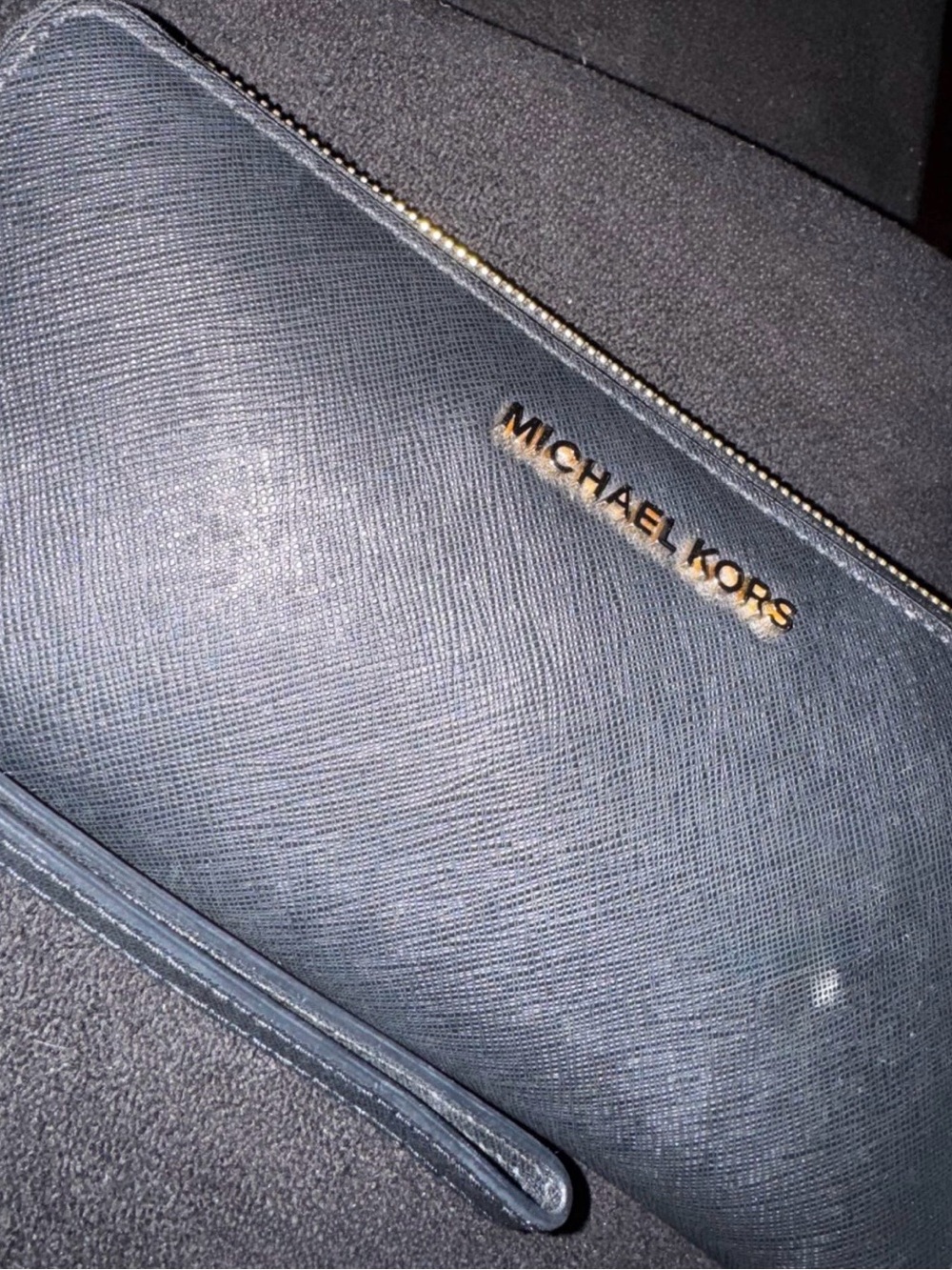 Michael Kors Navy Saffiano Leather Wristlet with Gold Logo